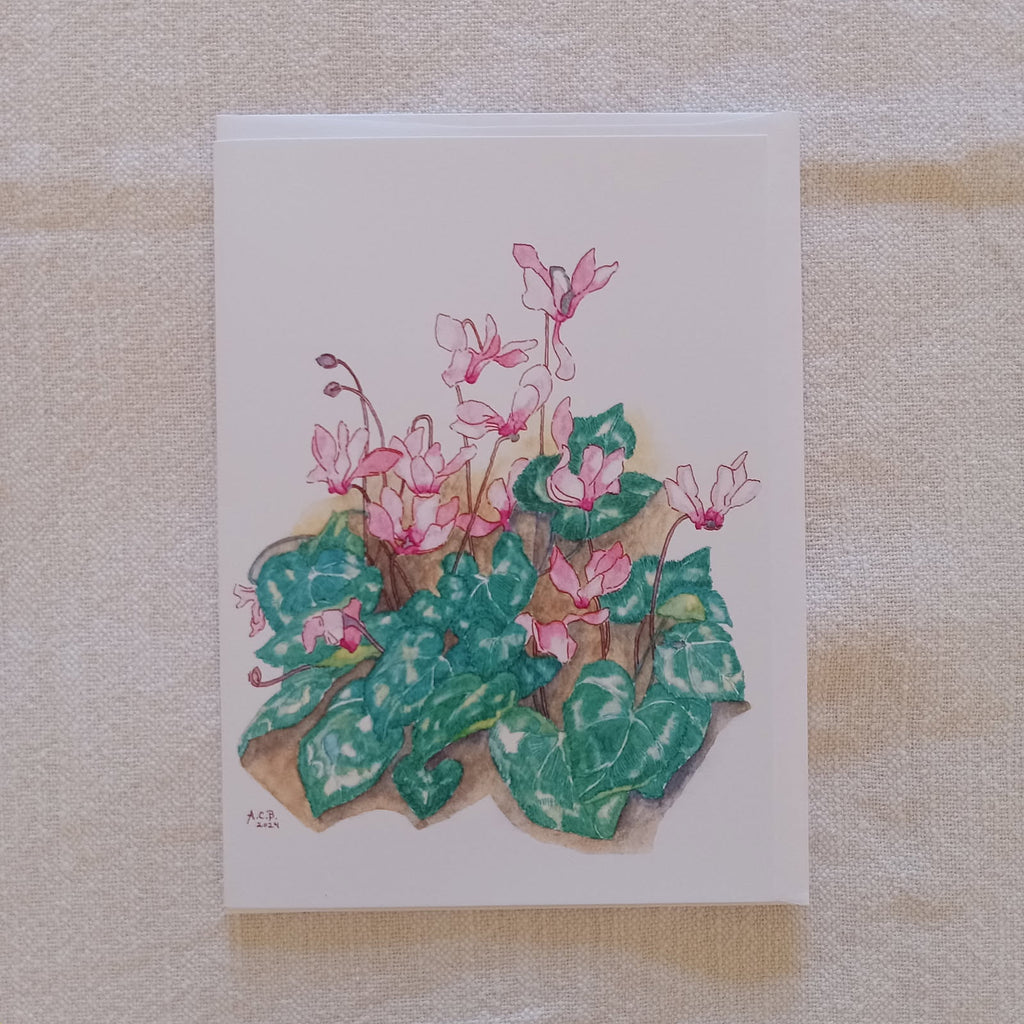 Winter Flowers 5x7 Hand-drawn Blank Watercolor Card: Cyclamen