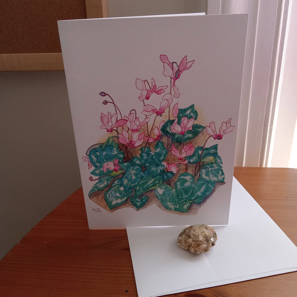 Winter Flowers 5x7 Hand-drawn Blank Watercolor Card: Cyclamen