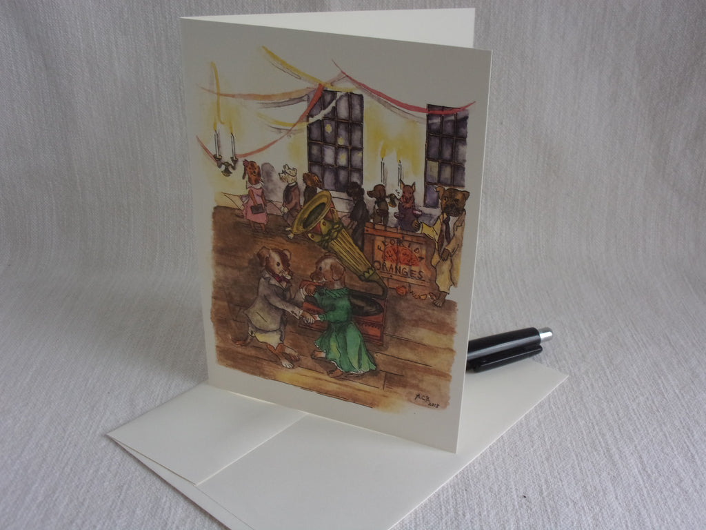 Whimsical Animals Dancing Dogs 5x7 Blank Watercolor Card: Doggy Ball