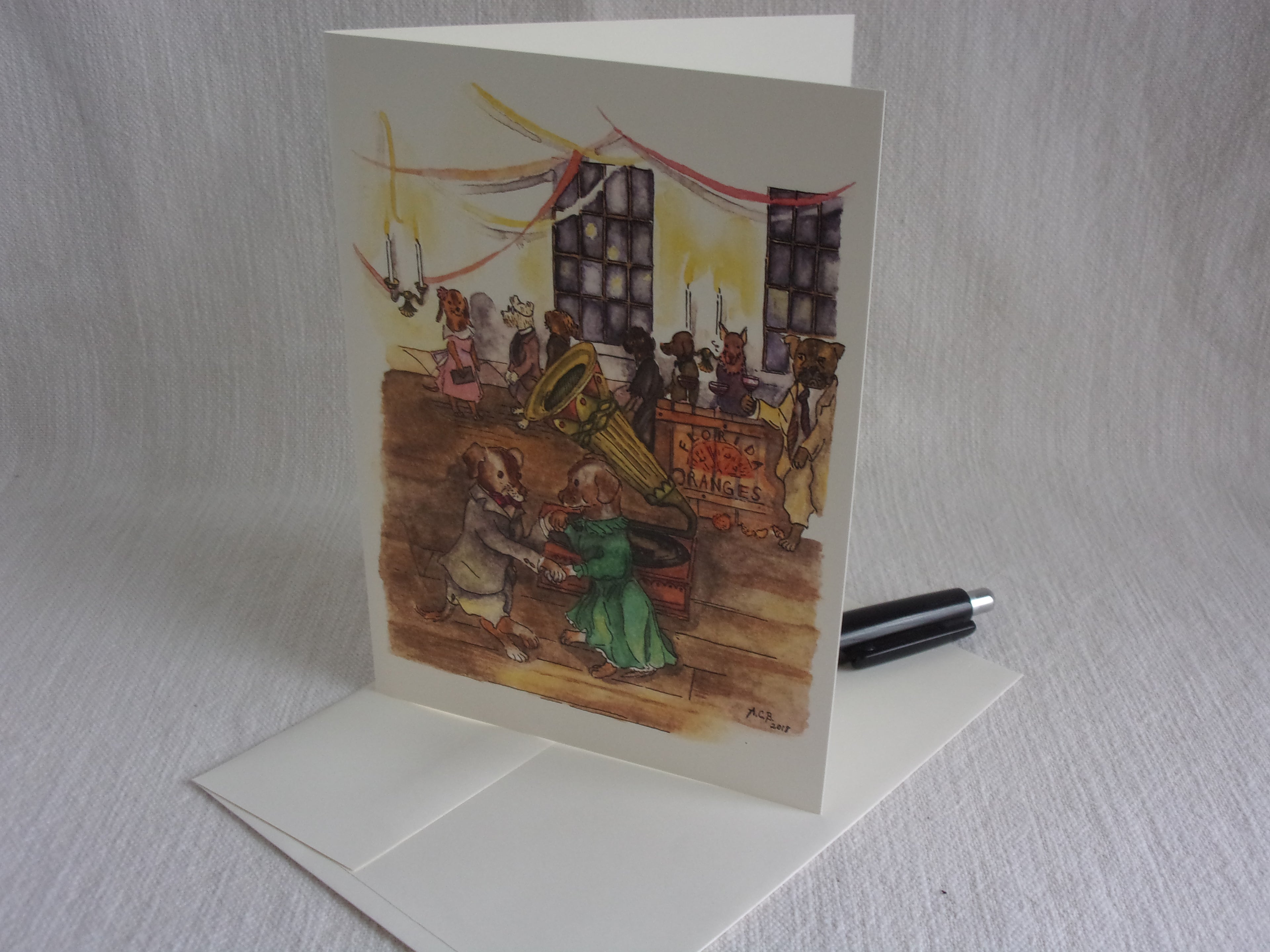 Whimsical Animals Dancing Dogs 5x7 Blank Watercolor Card: Doggy Ball