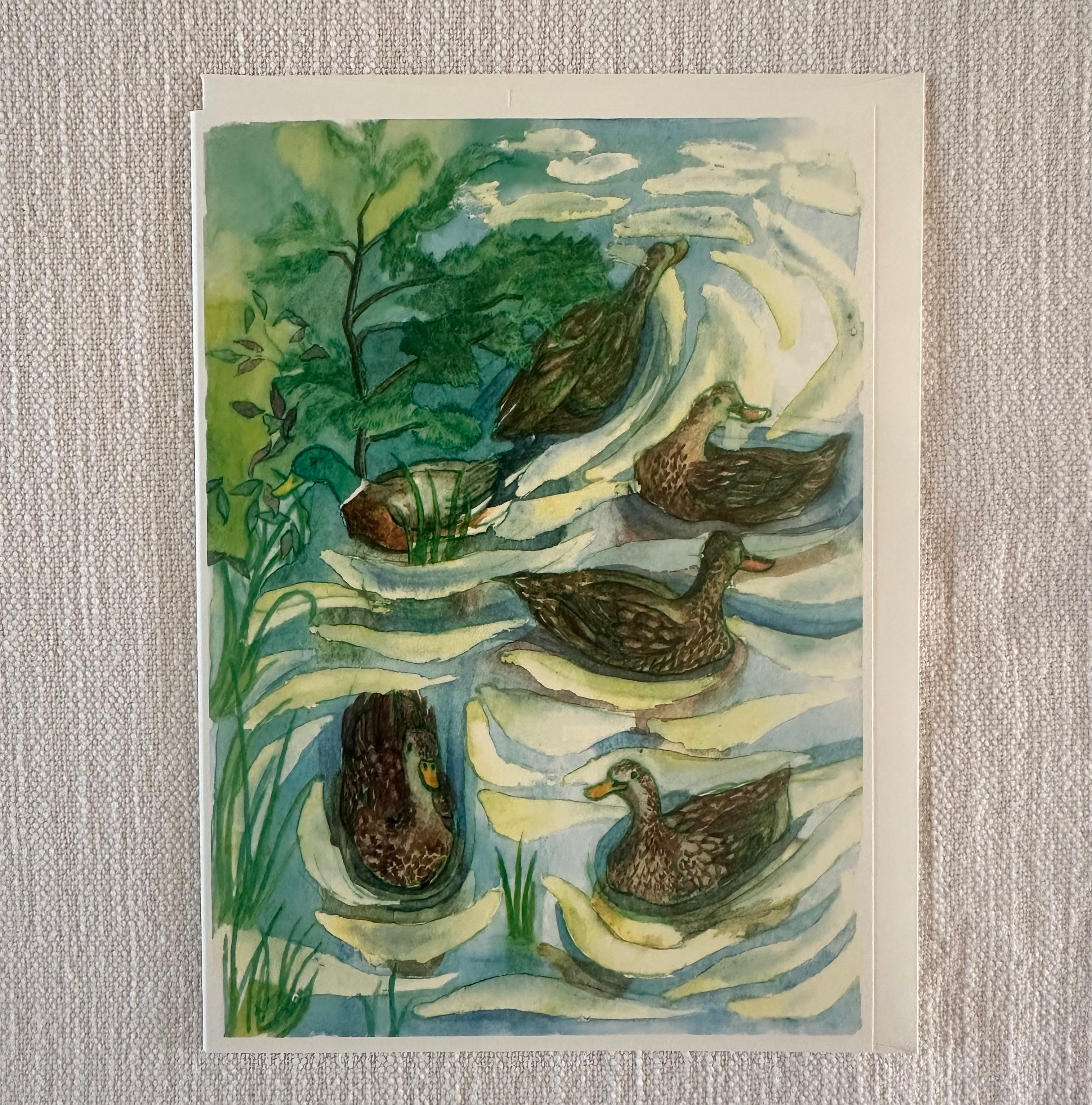 Whimsical Animals Water Birds 5x7 Blank Watercolor Card: Duck Pond