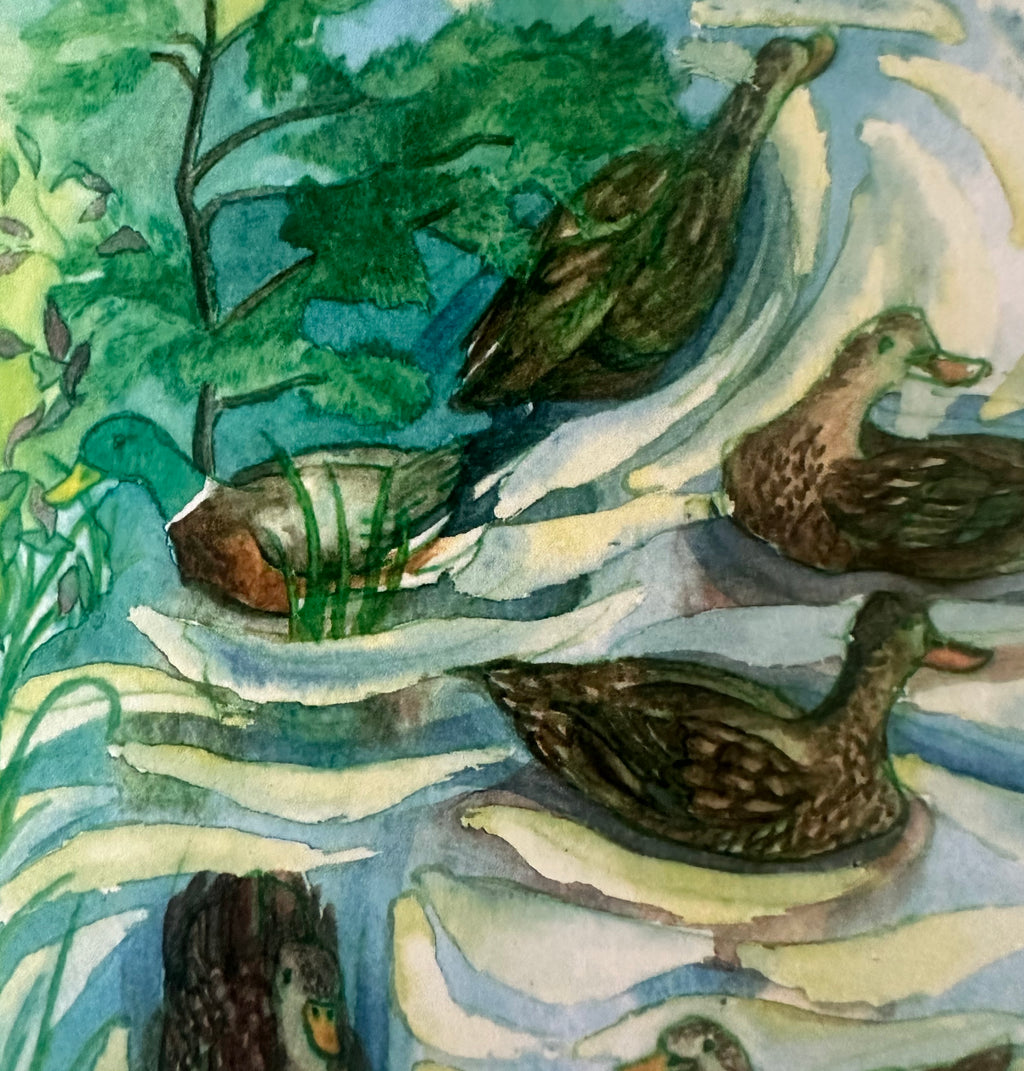 Whimsical Animals Water Birds 5x7 Blank Watercolor Card: Duck Pond