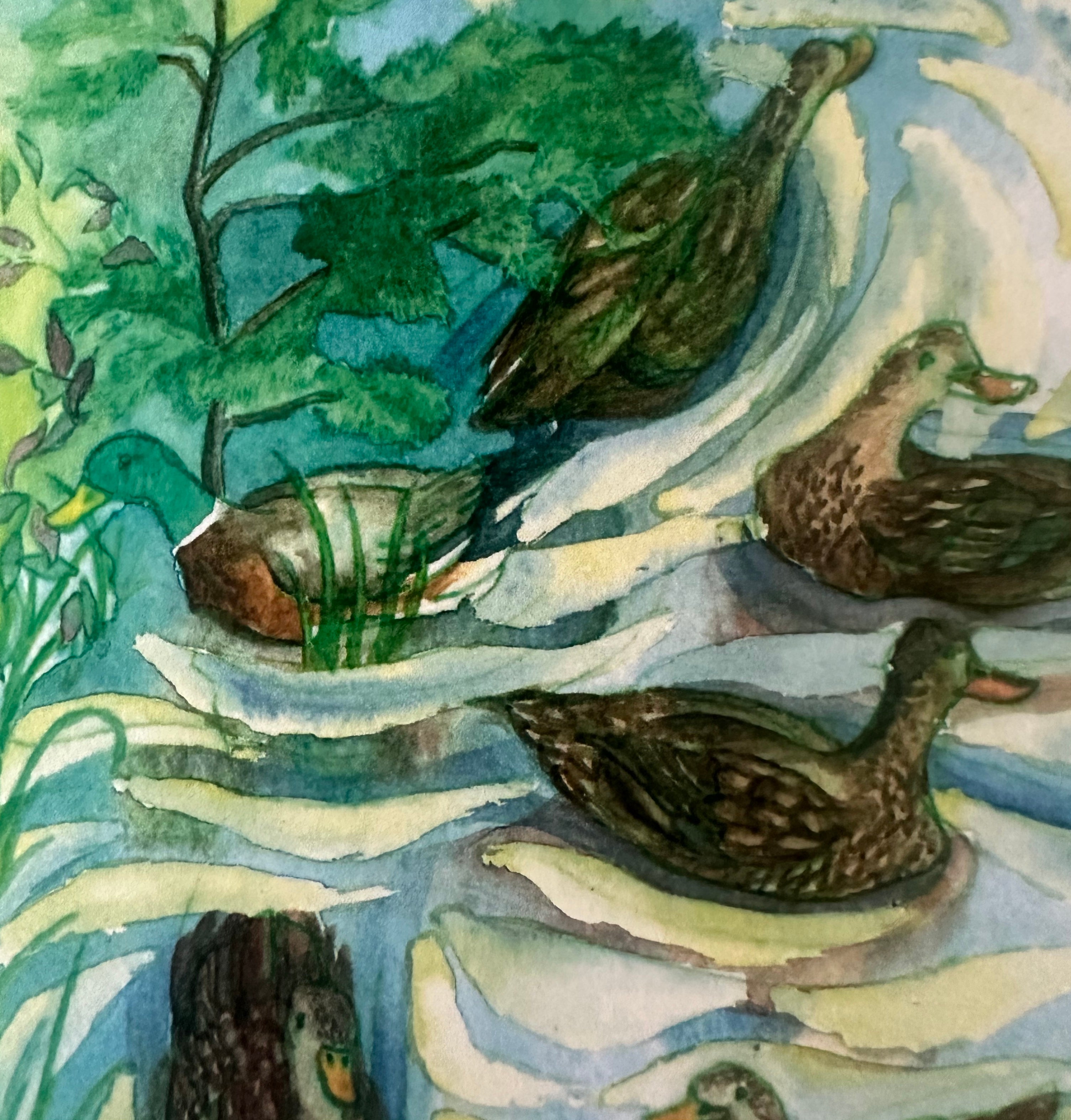 Whimsical Animals Water Birds 5x7 Blank Watercolor Card: Duck Pond