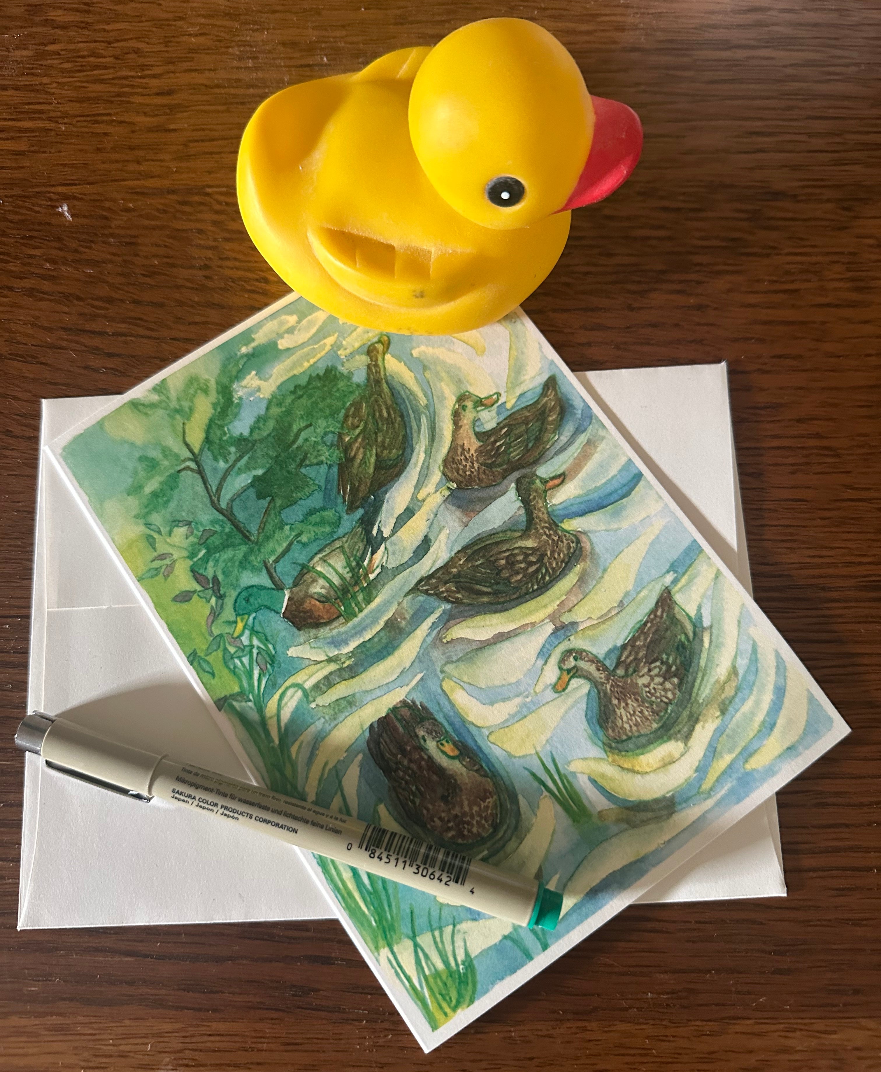Whimsical Animals Water Birds 5x7 Blank Watercolor Card: Duck Pond