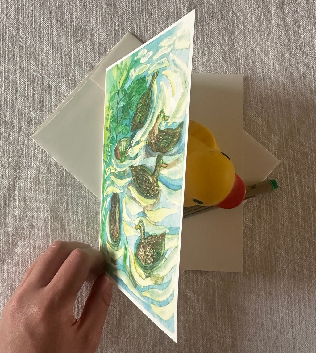 Whimsical Animals Water Birds 5x7 Blank Watercolor Card: Duck Pond