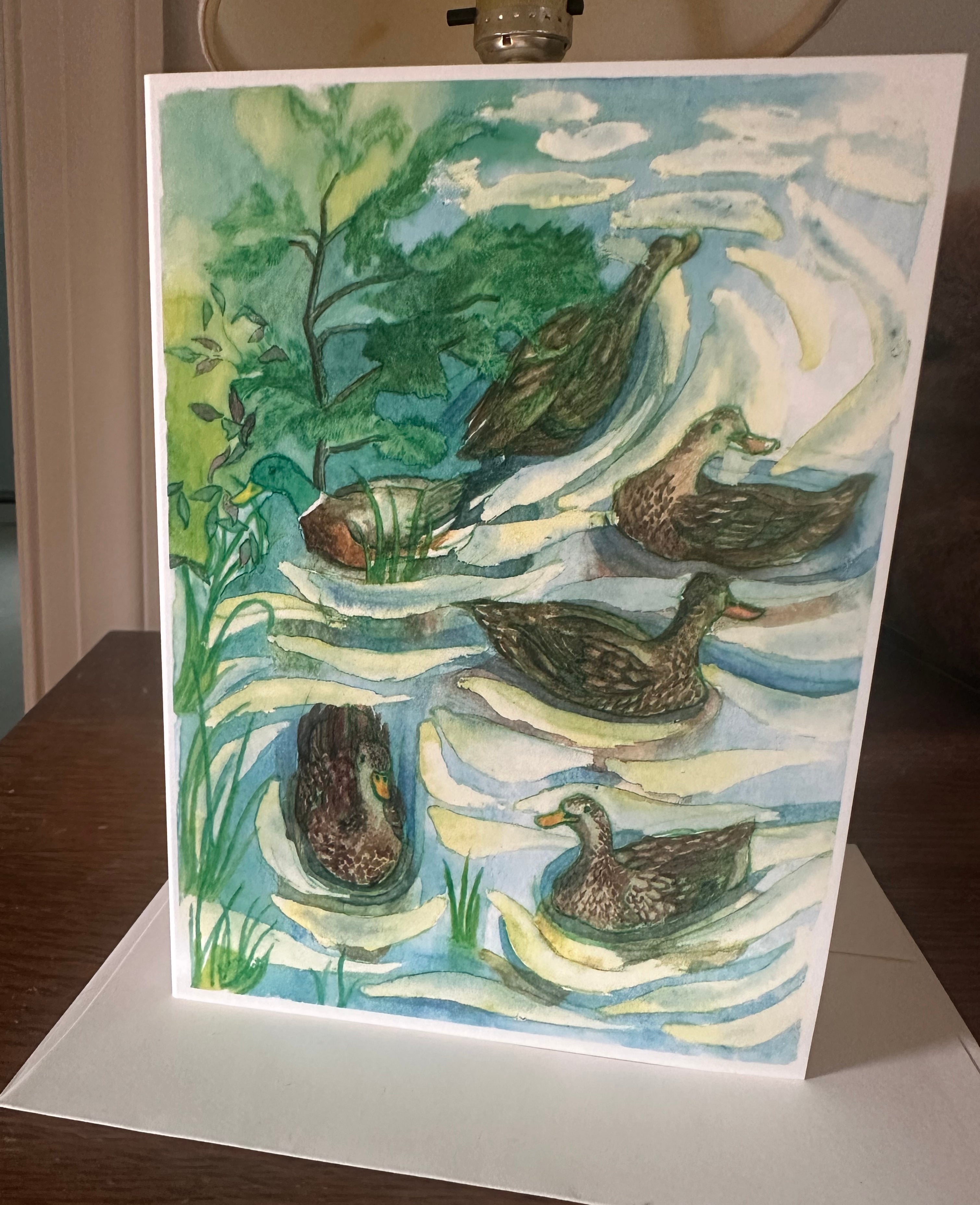 Whimsical Animals Water Birds 5x7 Blank Watercolor Card: Duck Pond