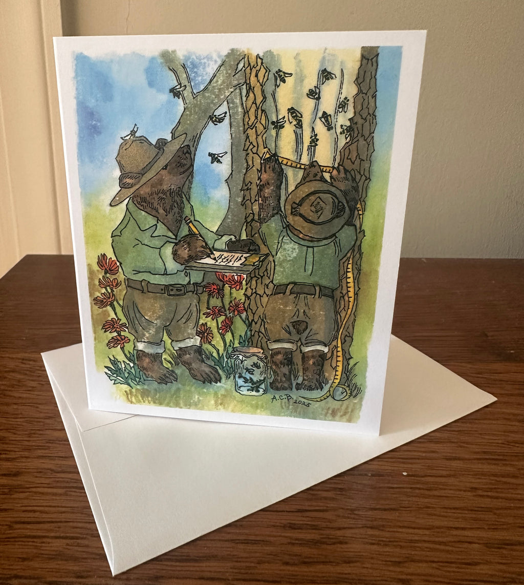 Whimsical Animal Bears 4x5 Blank Watercolor Card: Field Research