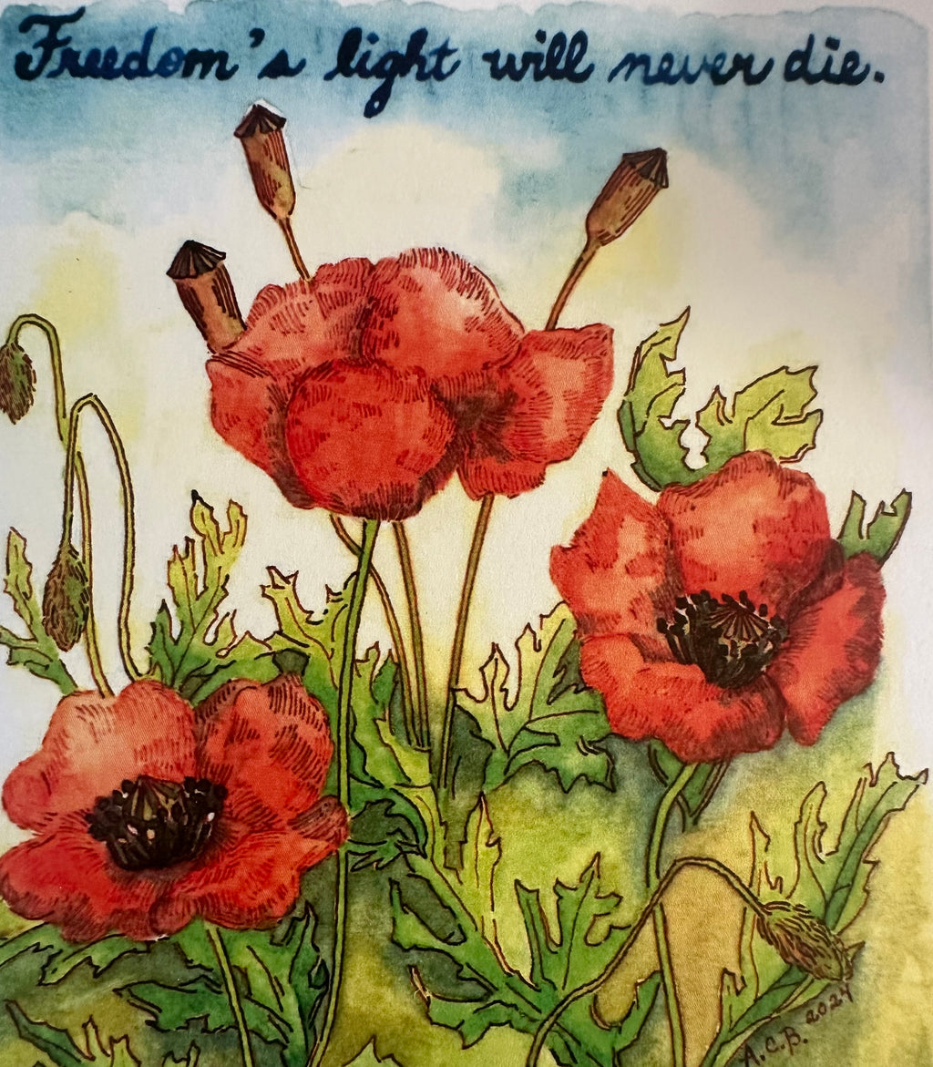 Garden Flowers Patriotic 4x5 Blank Watercolor Card: Flanders Poppy
