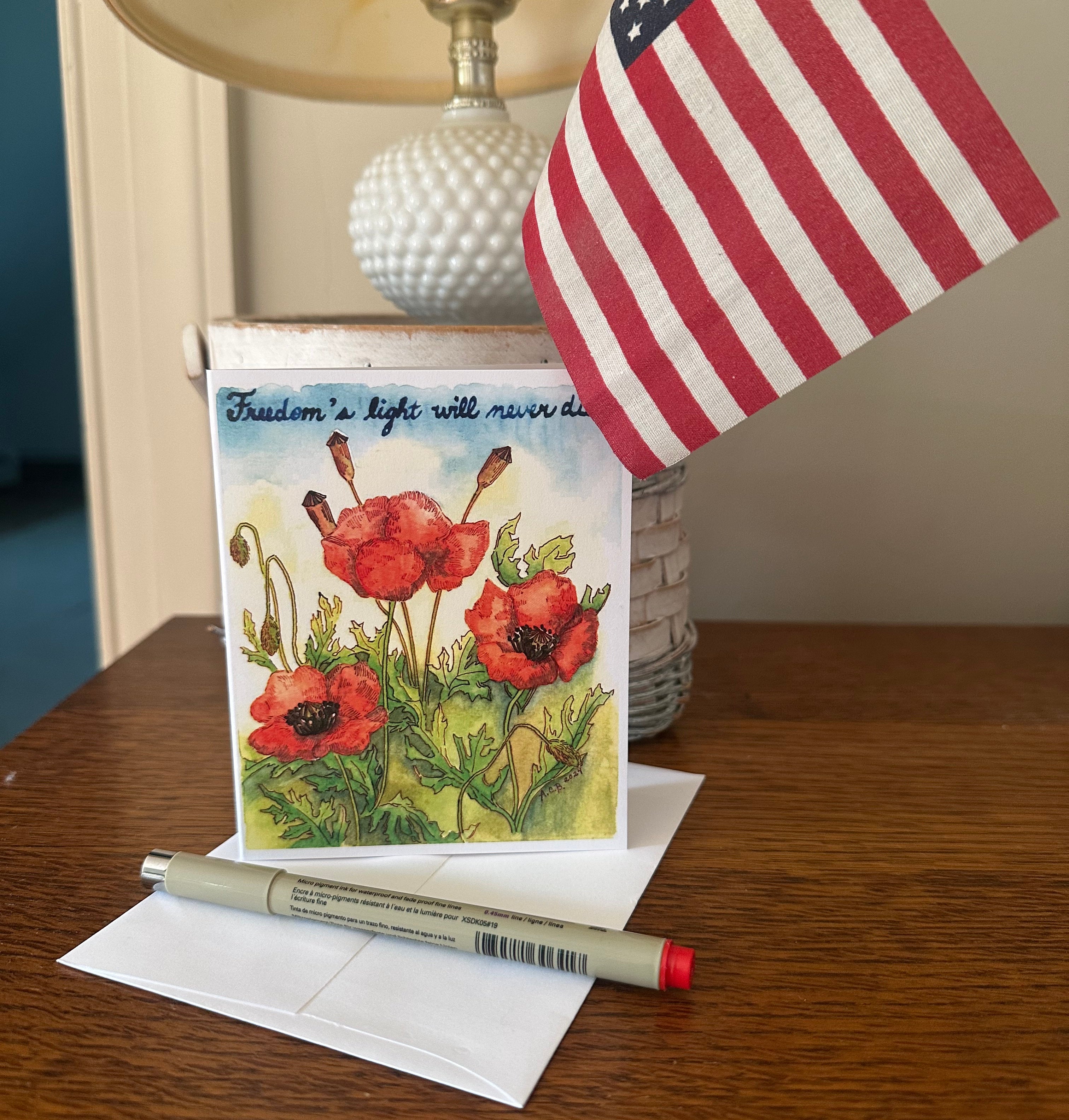 Garden Flowers Patriotic 4x5 Blank Watercolor Card: Flanders Poppy