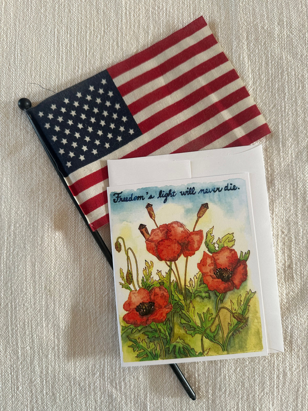 Garden Flowers Patriotic 4x5 Blank Watercolor Card: Flanders Poppy