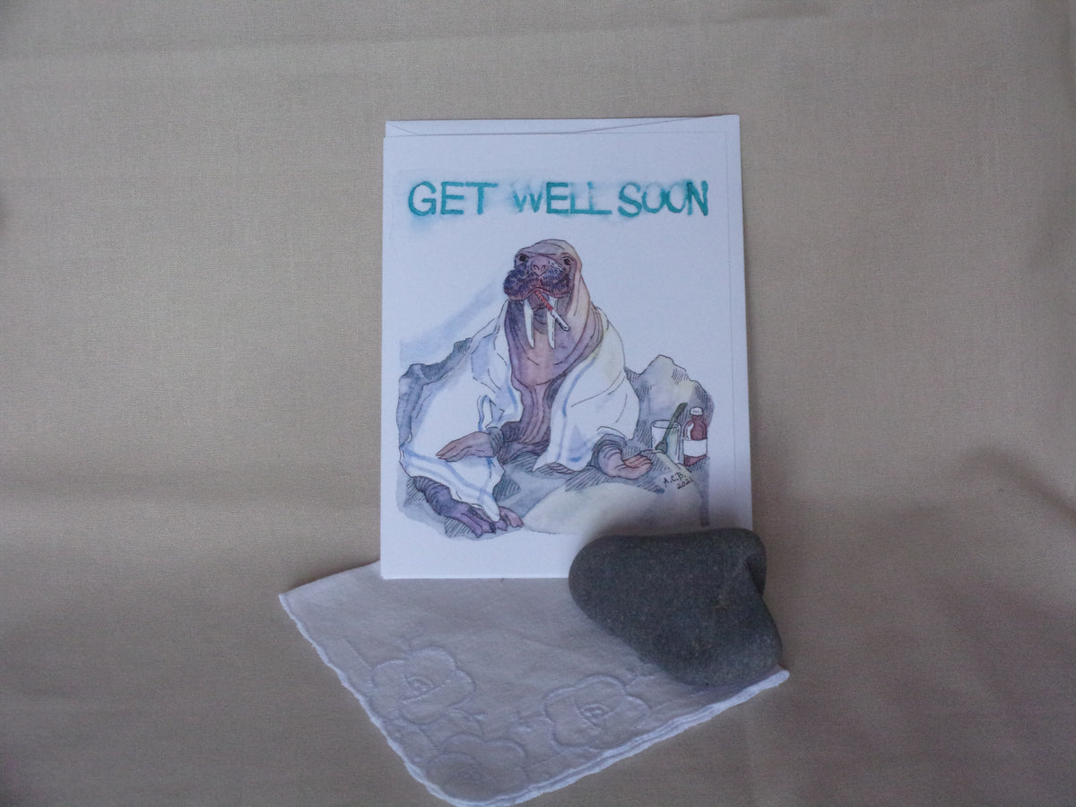 Whimsical Animals Walrus 4x5 Blank Watercolor Card: Get-Well Soon