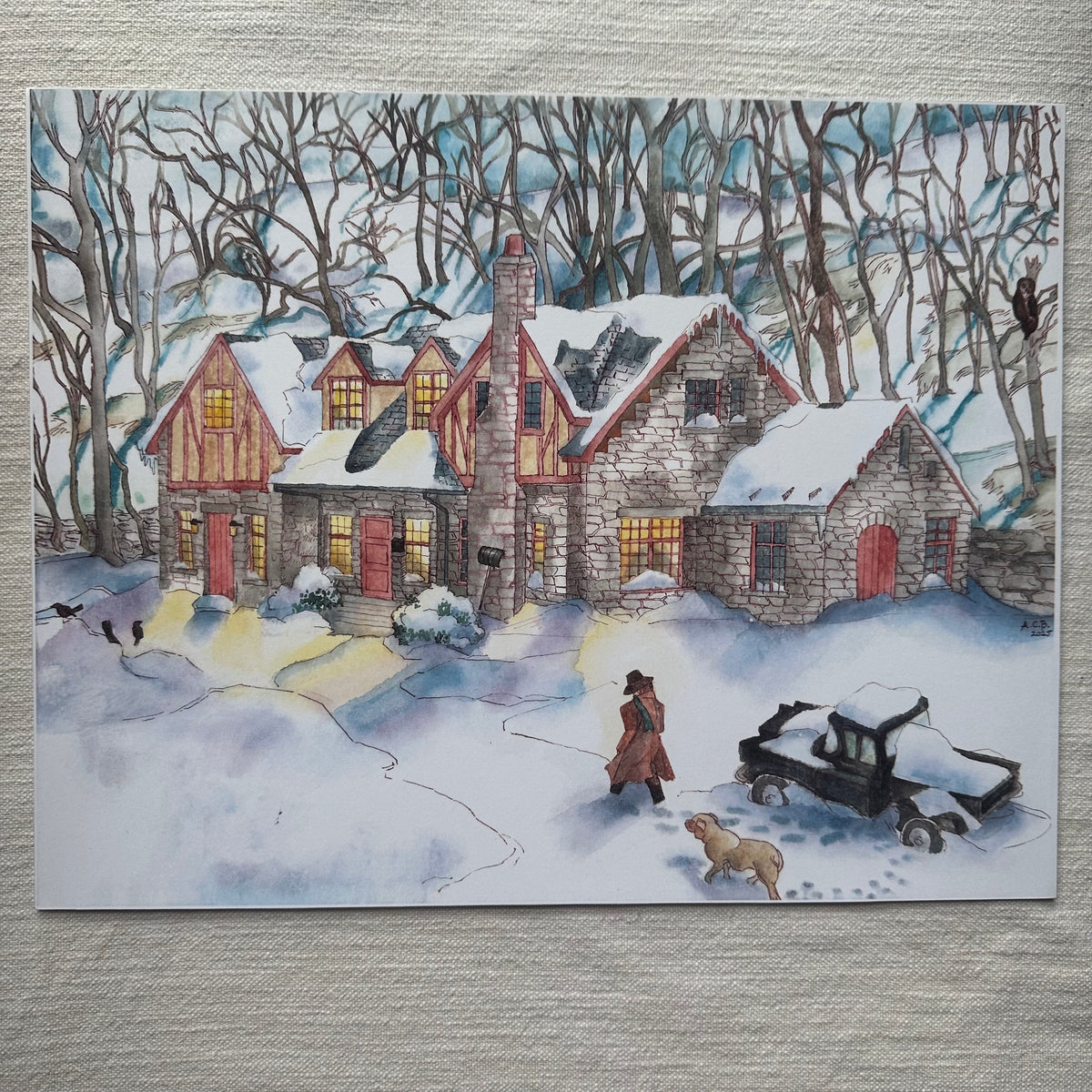 Whimsical Americana Cozy 11x14 Watercolor Print: Snow at Grand Caverns
