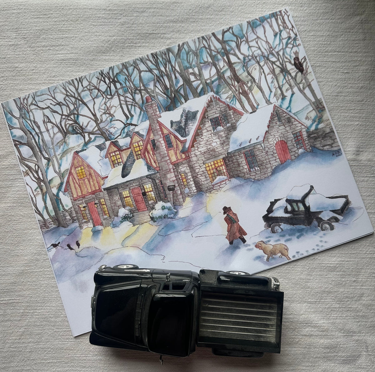 Whimsical Americana Cozy 11x14 Watercolor Print: Snow at Grand Caverns