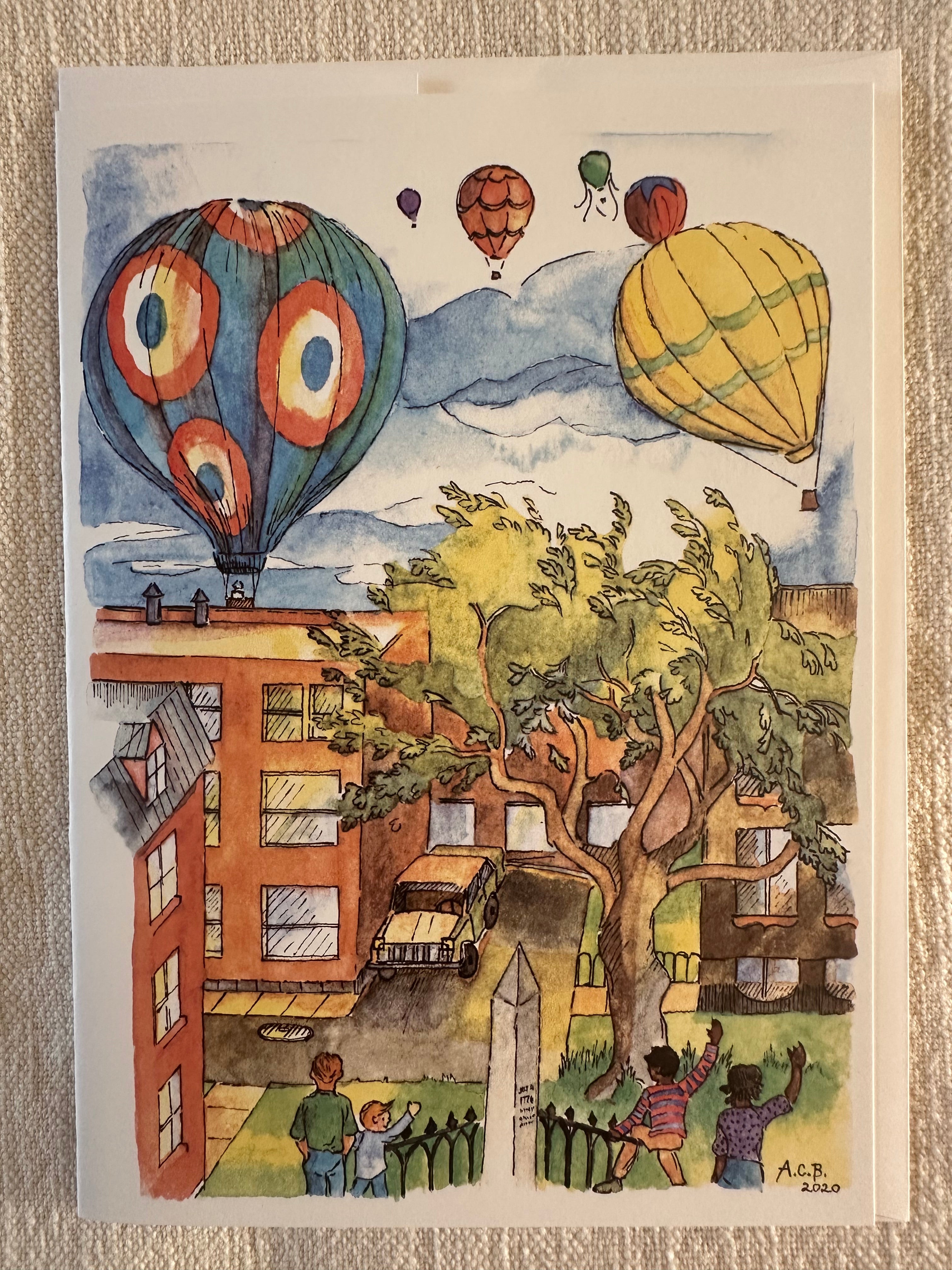 Vintage Small Town 5x7 Blank Watercolor Card: Hot-Air Balloons