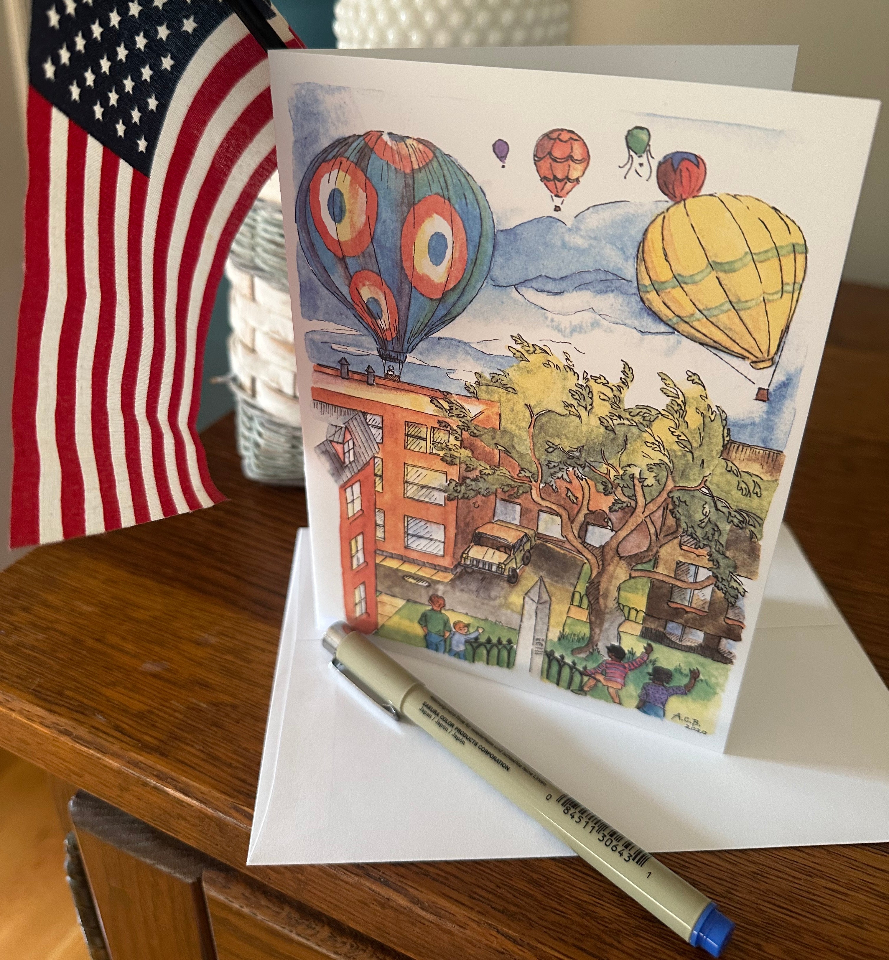 Vintage Small Town 5x7 Blank Watercolor Card: Hot-Air Balloons
