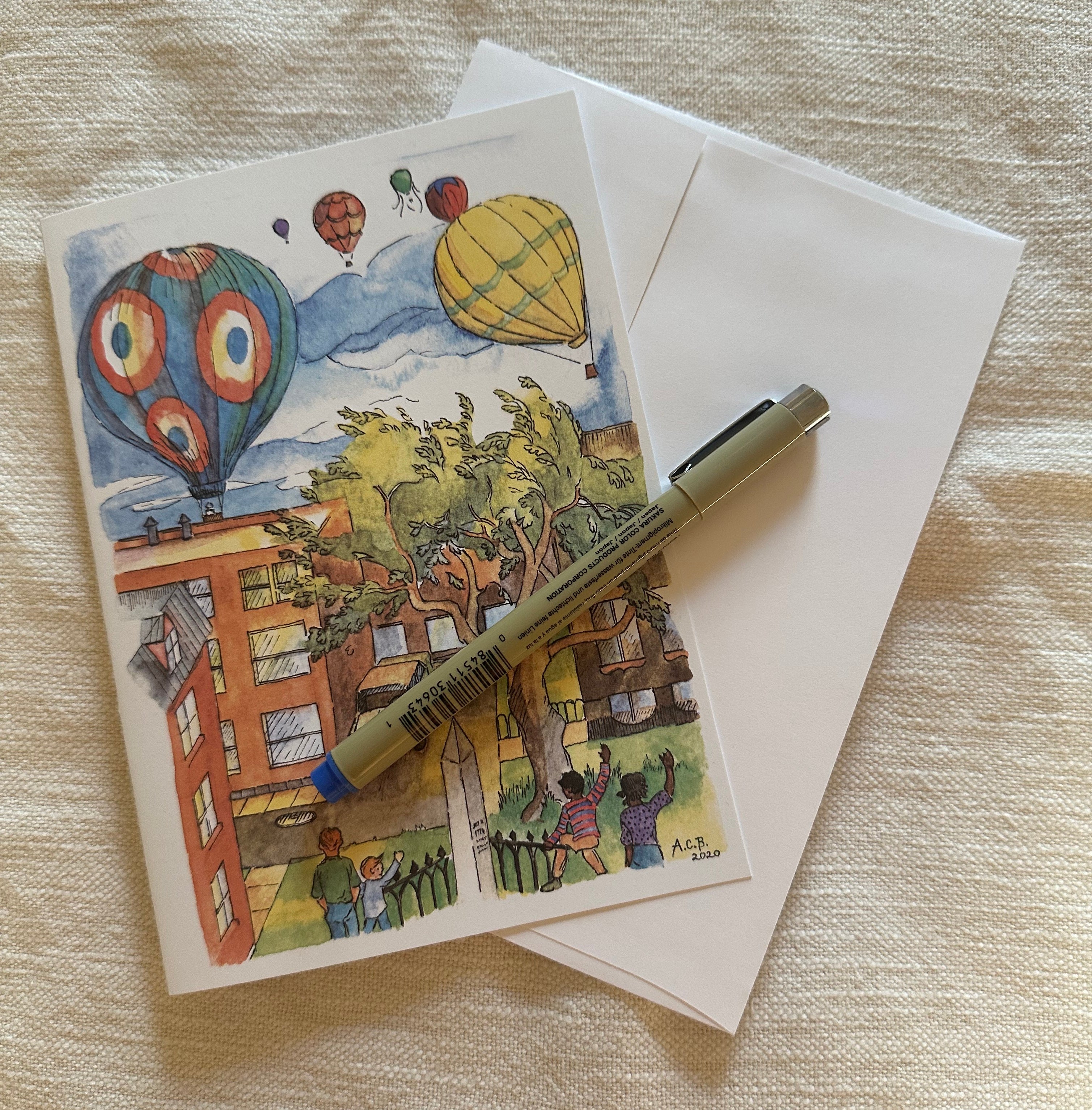 Vintage Small Town 5x7 Blank Watercolor Card: Hot-Air Balloons