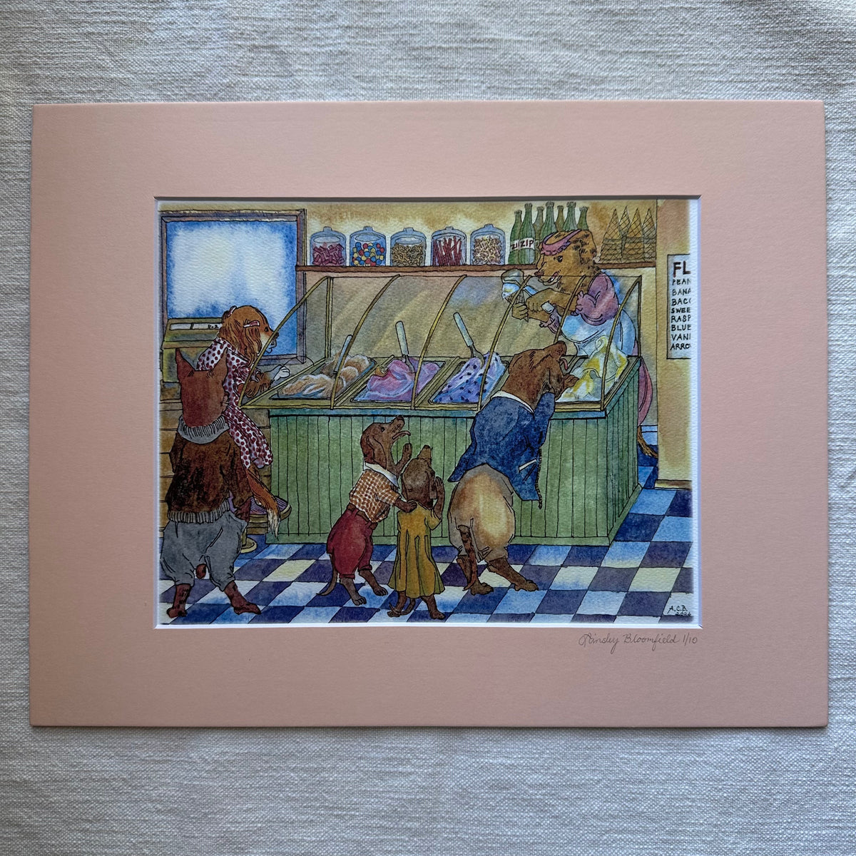 Limited Edition Whimsical Dogs Watercolor 8x10 Print in 11x14 Mat: Ice Cream Shop
