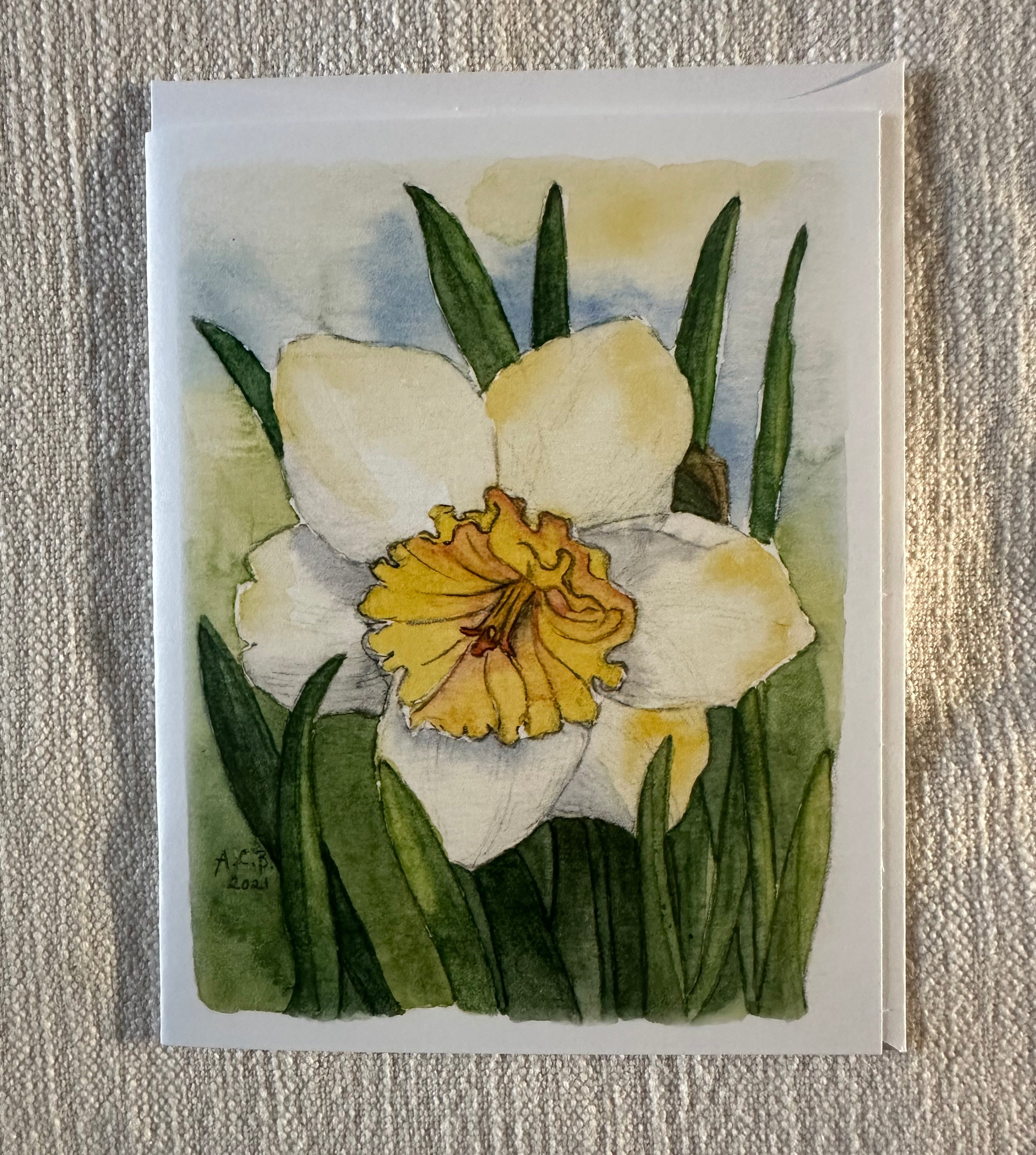 Garden Flowers Daffodils 4x5 Blank Watercolor Card: Ice Follies