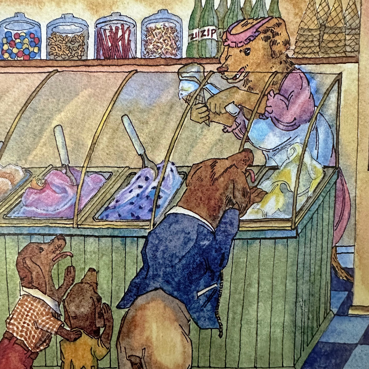 Limited Edition Whimsical Dogs Watercolor 8x10 Print in 11x14 Mat: Ice Cream Shop