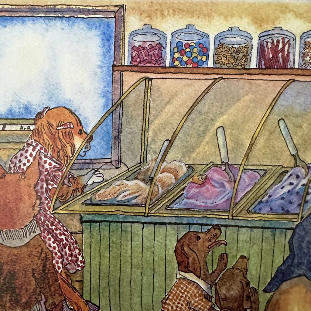 Limited Edition Whimsical Dogs Watercolor 8x10 Print in 11x14 Mat: Ice Cream Shop