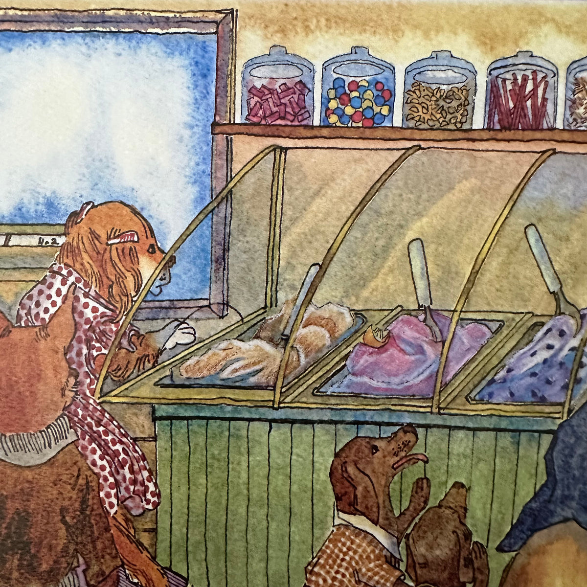 Limited Edition Whimsical Dogs Watercolor 8x10 Print in 11x14 Mat: Ice Cream Shop