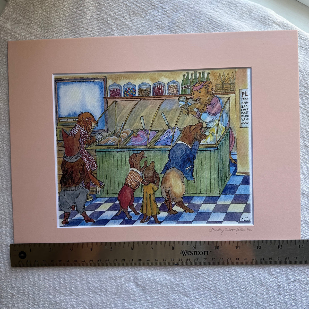 Limited Edition Whimsical Dogs Watercolor 8x10 Print in 11x14 Mat: Ice Cream Shop