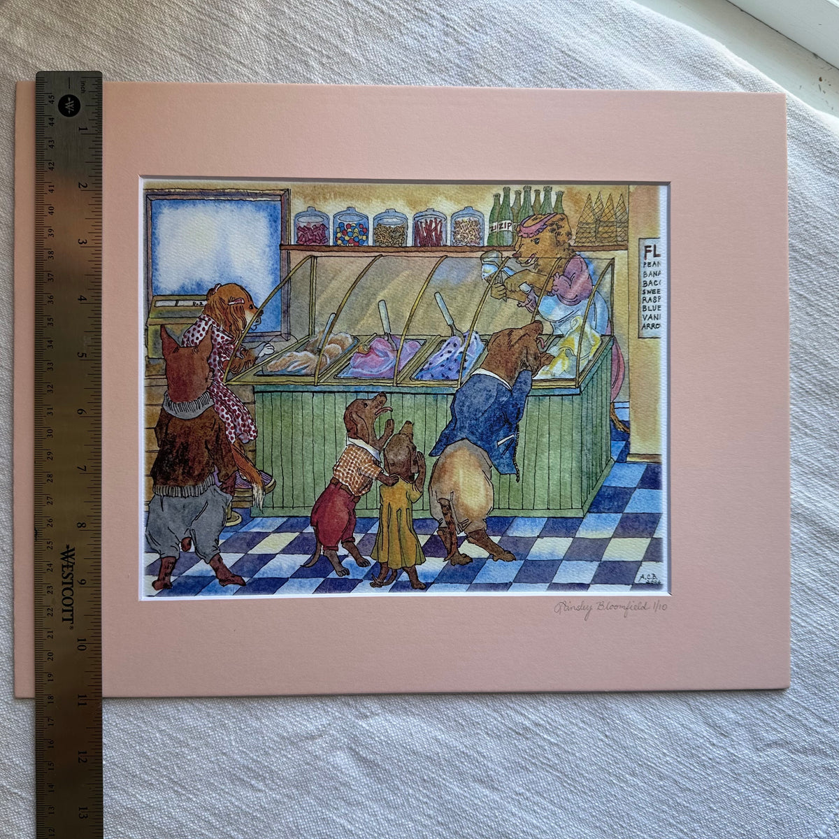 Limited Edition Whimsical Dogs Watercolor 8x10 Print in 11x14 Mat: Ice Cream Shop