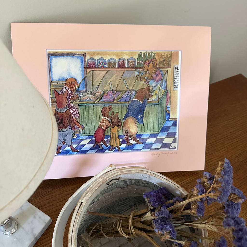 Limited Edition Whimsical Dogs Watercolor 8x10 Print in 11x14 Mat: Ice Cream Shop