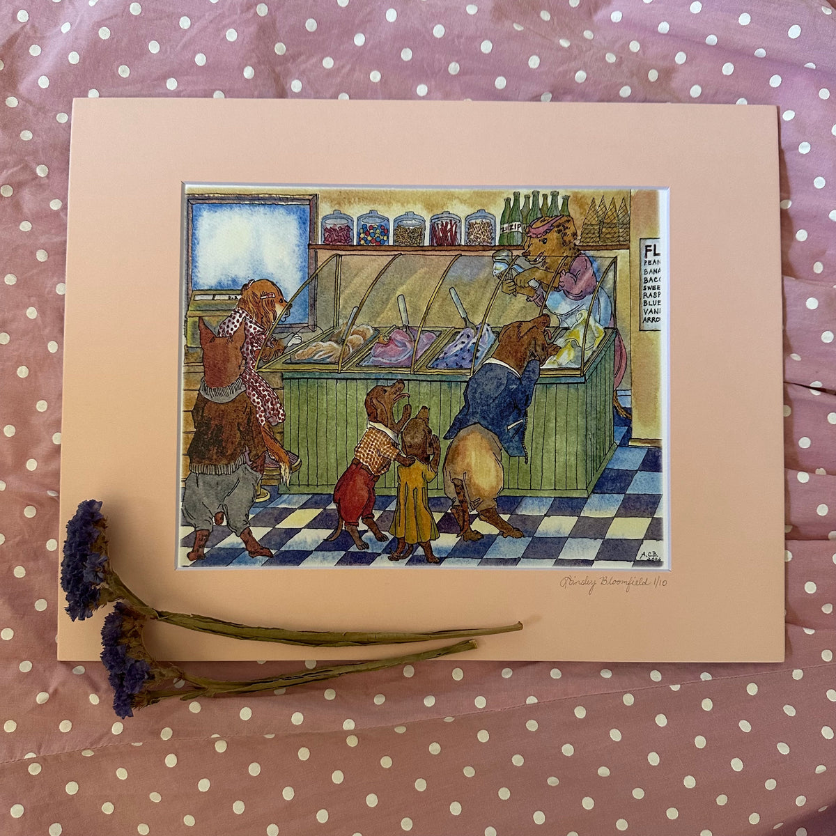 Limited Edition Whimsical Dogs Watercolor 8x10 Print in 11x14 Mat: Ice Cream Shop