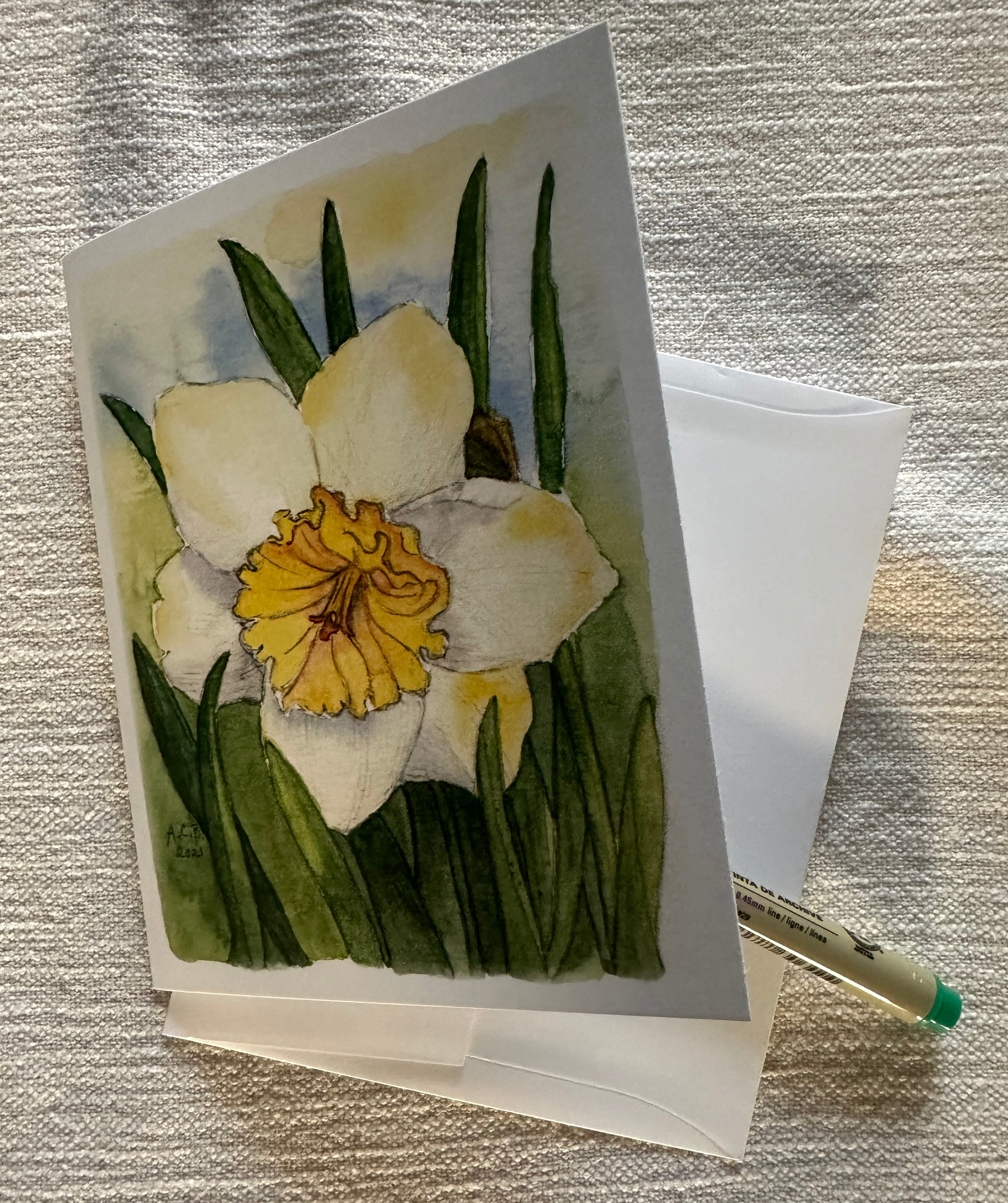 Garden Flowers Daffodils 4x5 Blank Watercolor Card: Ice Follies