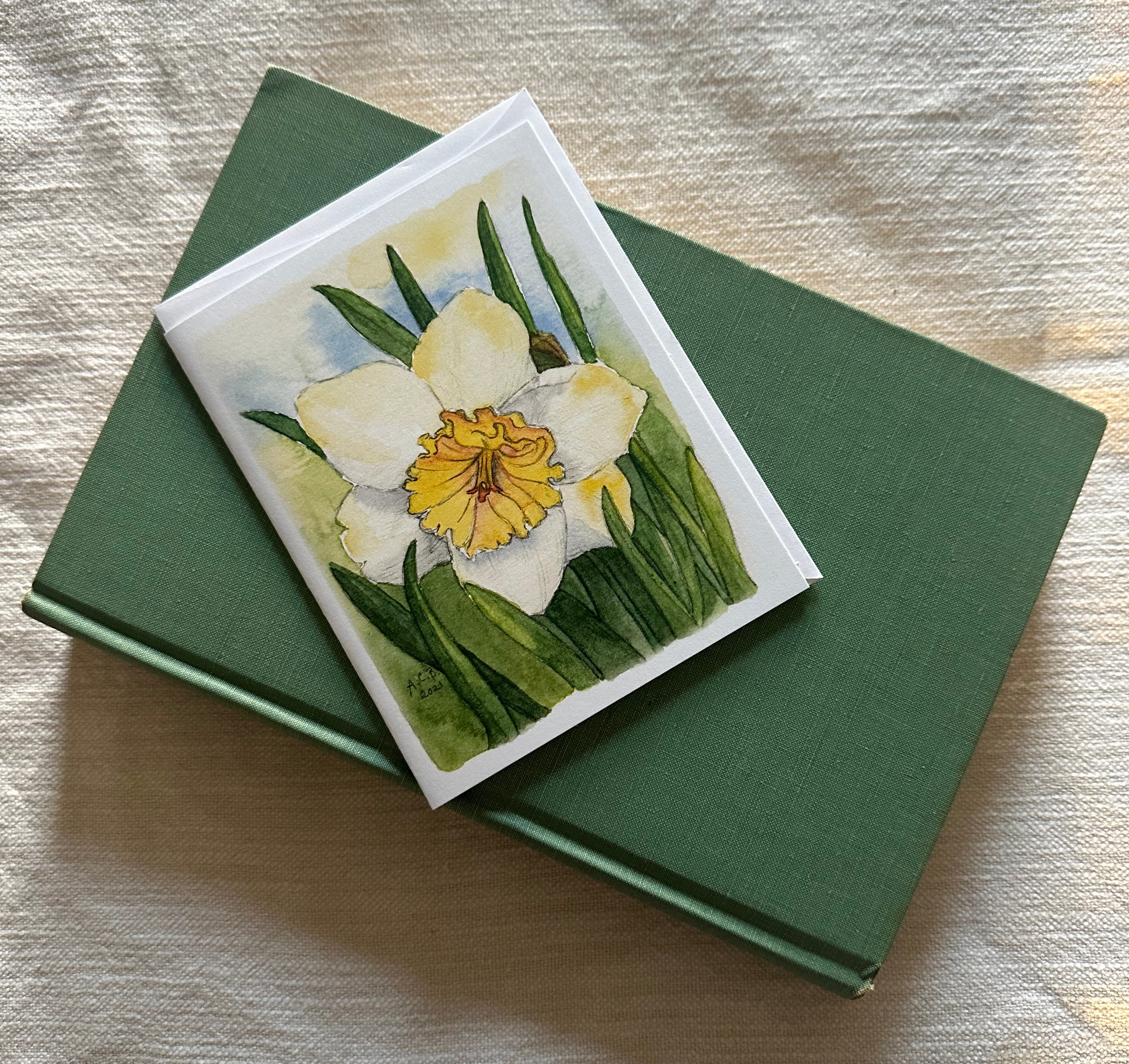 Garden Flowers Daffodils 4x5 Blank Watercolor Card: Ice Follies
