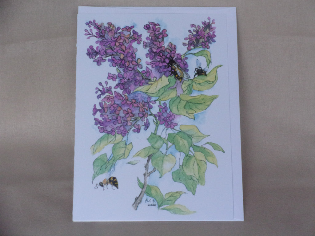Garden Flowers and Bees 5x7 Blank Watercolor Card: Lilac Clusters