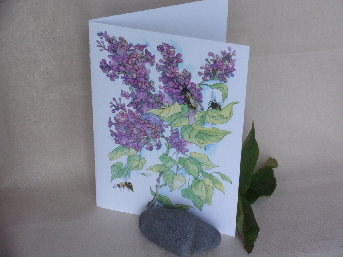 Garden Flowers and Bees 5x7 Blank Watercolor Card: Lilac Clusters