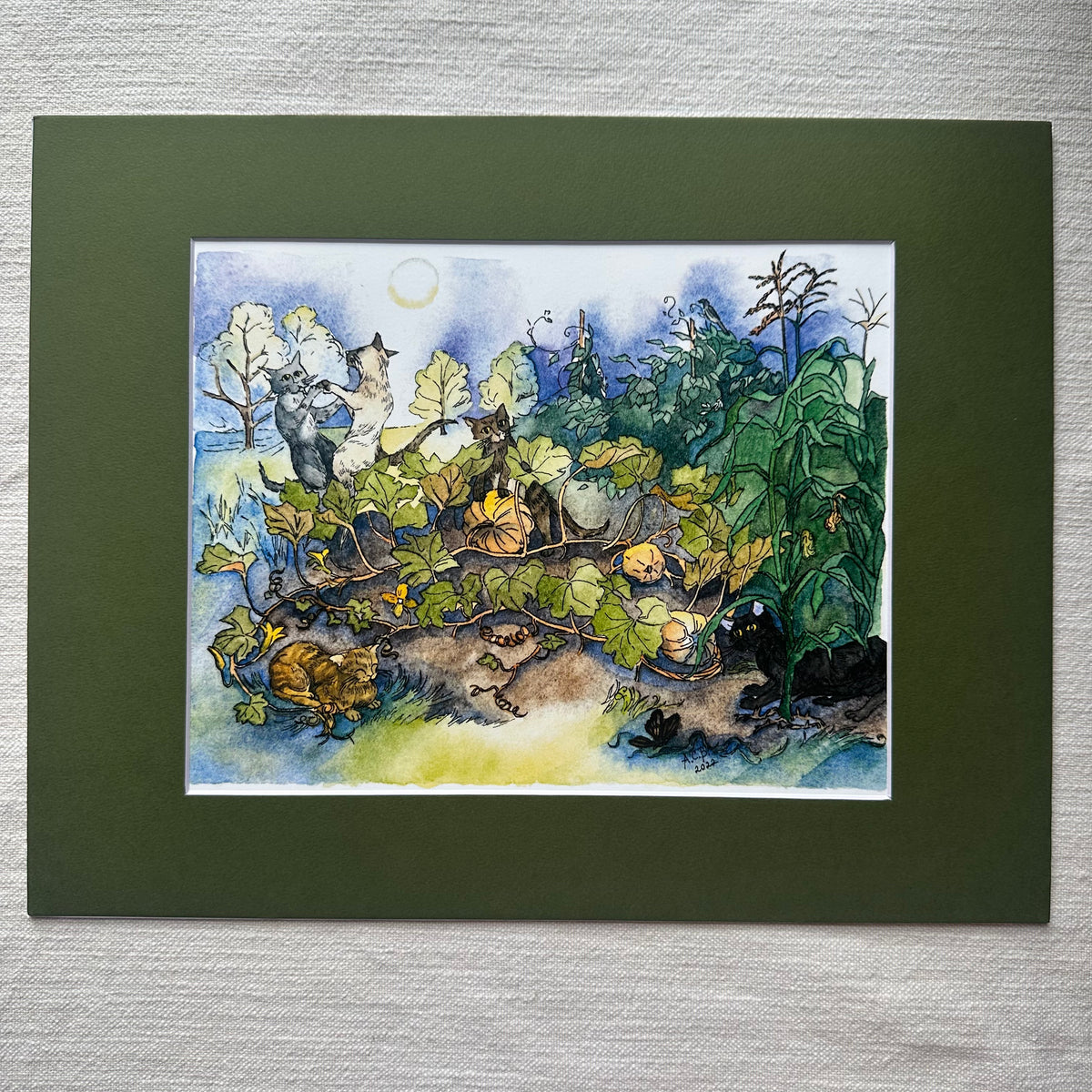 Whimsical Cats Autumn 8x10 Watercolor Print in 11x14 Mat: Moon Madness