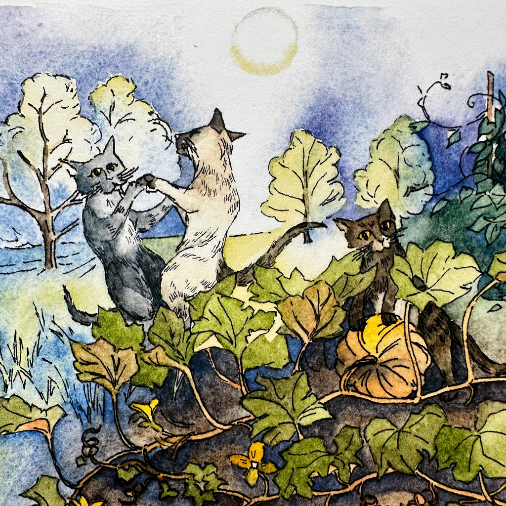 Whimsical Cats Autumn 8x10 Watercolor Print in 11x14 Mat: Moon Madness