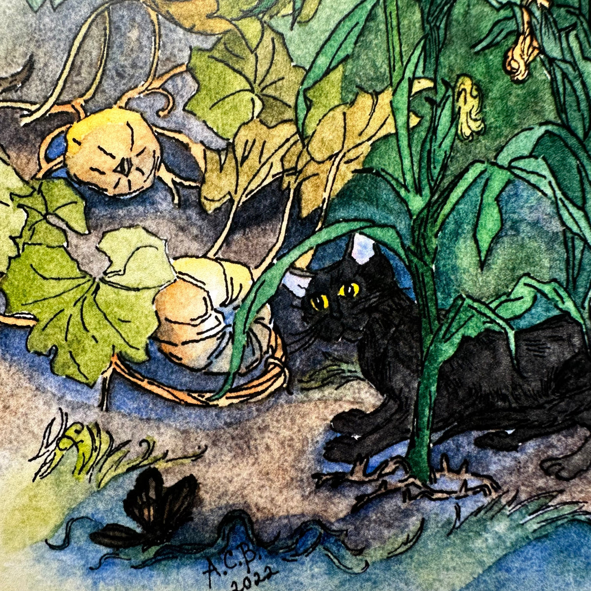 Whimsical Cats Autumn 8x10 Watercolor Print in 11x14 Mat: Moon Madness