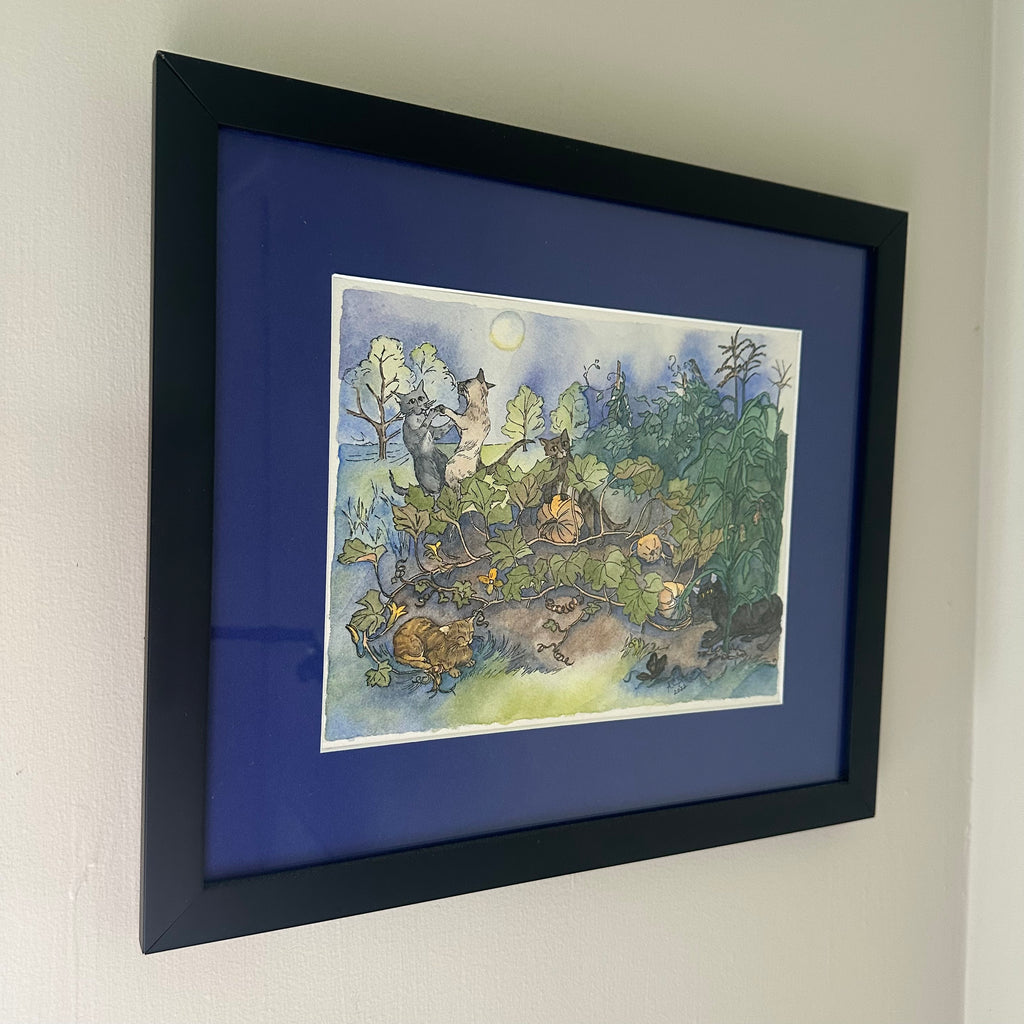 Whimsical Cats Autumn 8x10 Watercolor Print in 11x14 Mat: Moon Madness