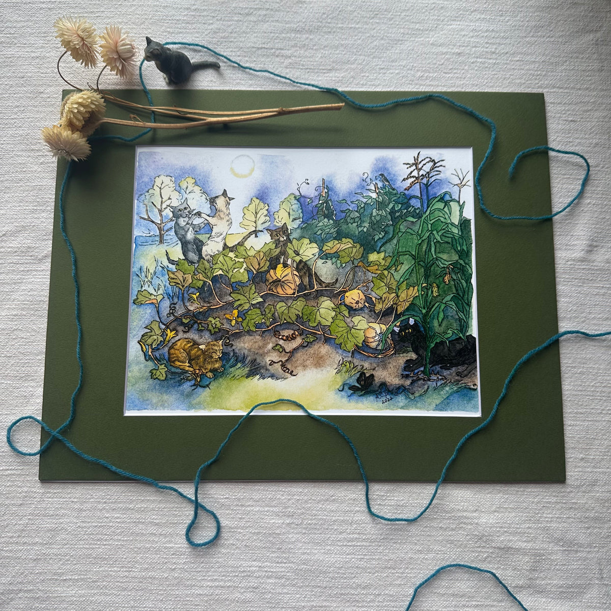 Whimsical Cats Autumn 8x10 Watercolor Print in 11x14 Mat: Moon Madness