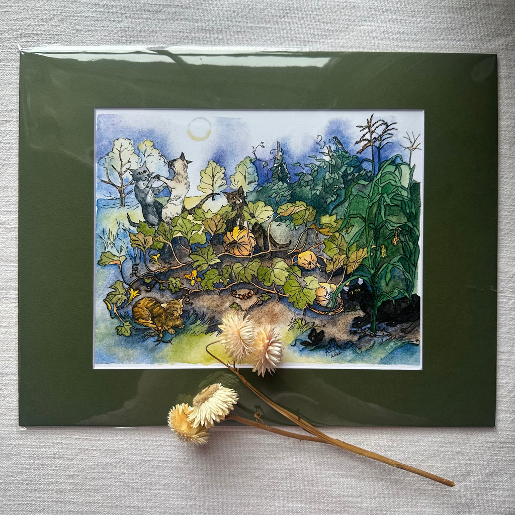 Whimsical Cats Autumn 8x10 Watercolor Print in 11x14 Mat: Moon Madness