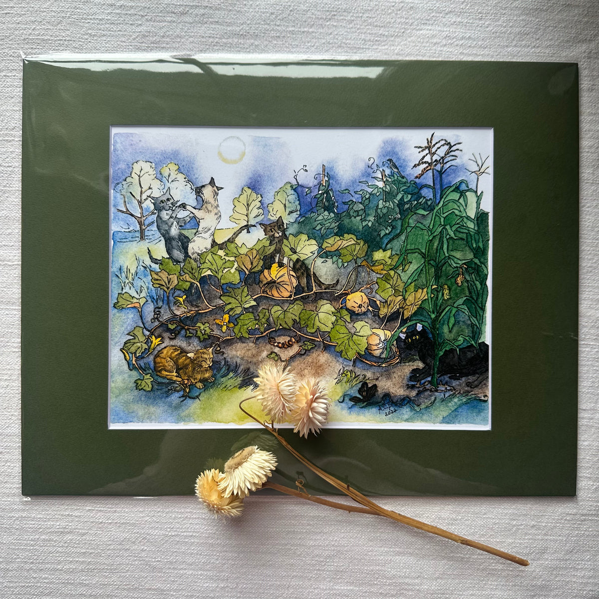 Whimsical Cats Autumn 8x10 Watercolor Print in 11x14 Mat: Moon Madness