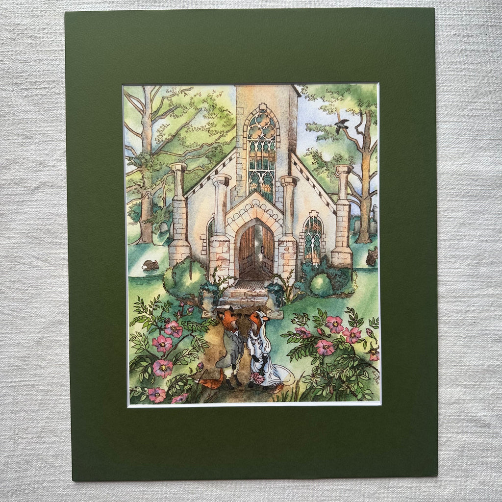 Whimsical Fox Wedding 8x10 Watercolor Print in 11x14 Mat: Newlyweds