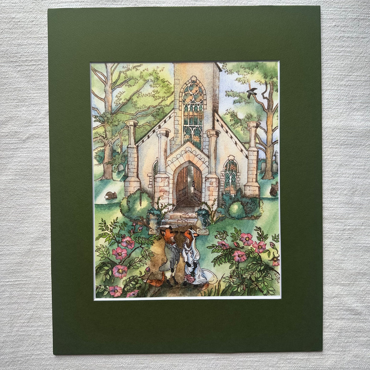 Whimsical Fox Wedding 8x10 Watercolor Print in 11x14 Mat: Newlyweds