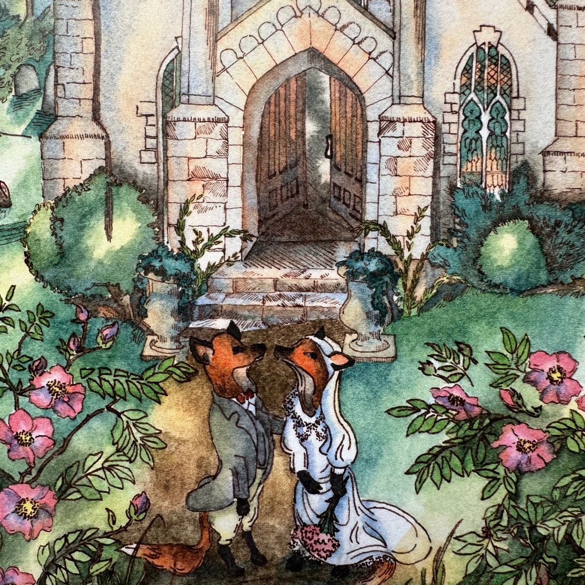 Whimsical Fox Wedding 8x10 Watercolor Print in 11x14 Mat: Newlyweds