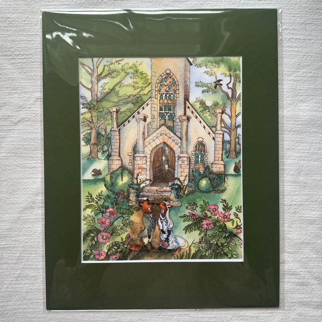 Whimsical Fox Wedding 8x10 Watercolor Print in 11x14 Mat: Newlyweds