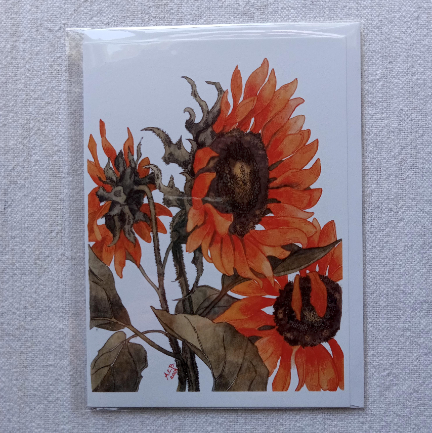 Garden Flowers Blank 5x7 Watercolor Card: Sunflowers in Two Tones