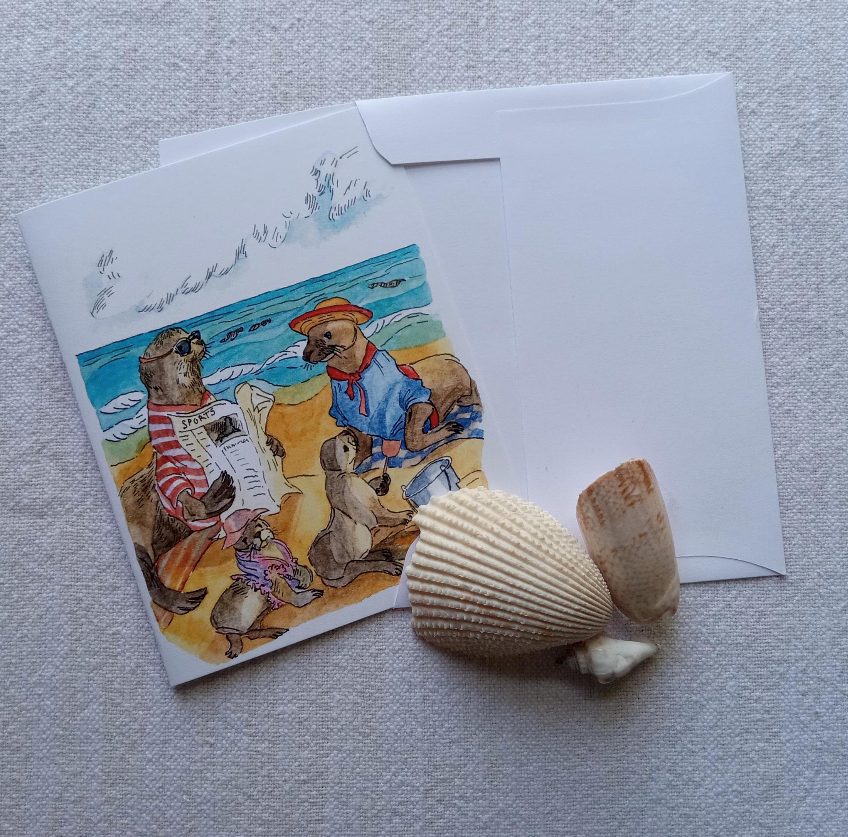 Whimsical Animals 4x5 Blank Watercolor Card: Seal Beach