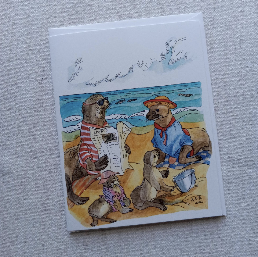 Whimsical Animals 4x5 Blank Watercolor Card: Seal Beach