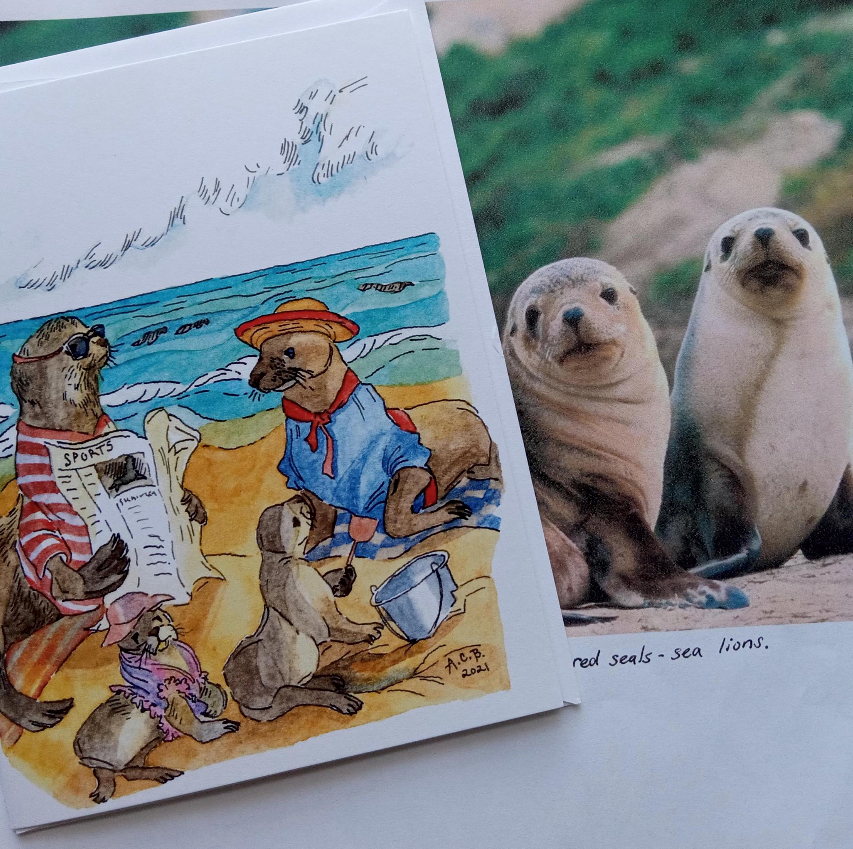 Whimsical Animals 4x5 Blank Watercolor Card: Seal Beach