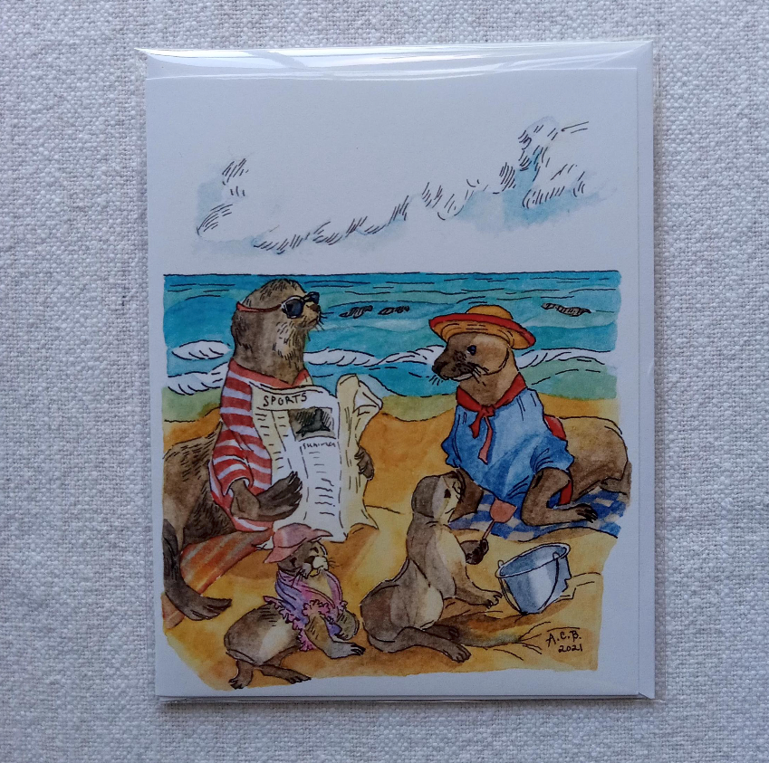 Whimsical Animals 4x5 Blank Watercolor Card: Seal Beach