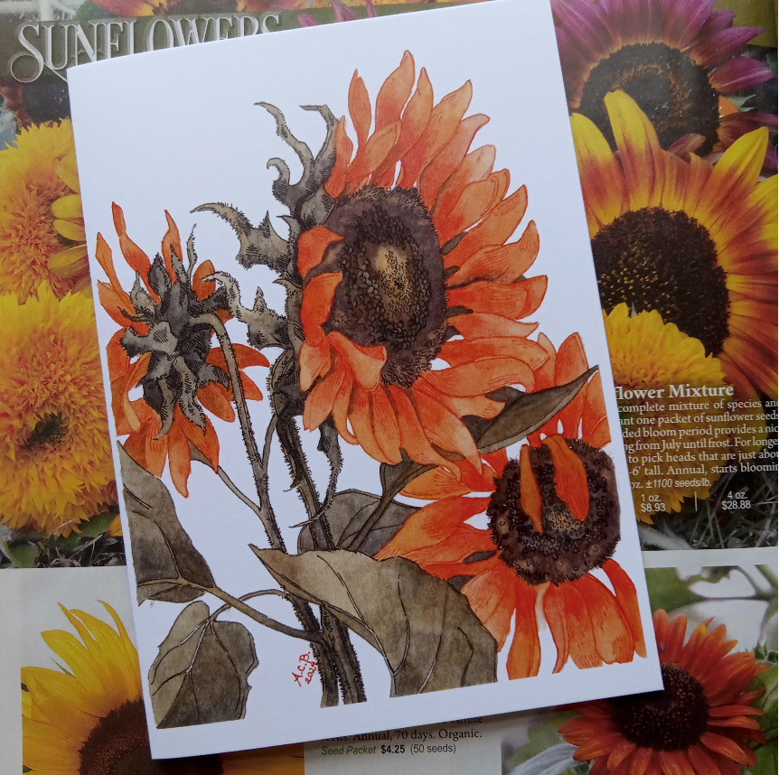 Garden Flowers Blank 5x7 Watercolor Card: Sunflowers in Two Tones